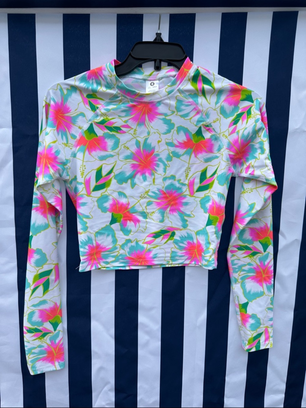 Floral Long-Sleeve Crop Top Rashguard - Vibrant Pink & Teal - new w/o tag